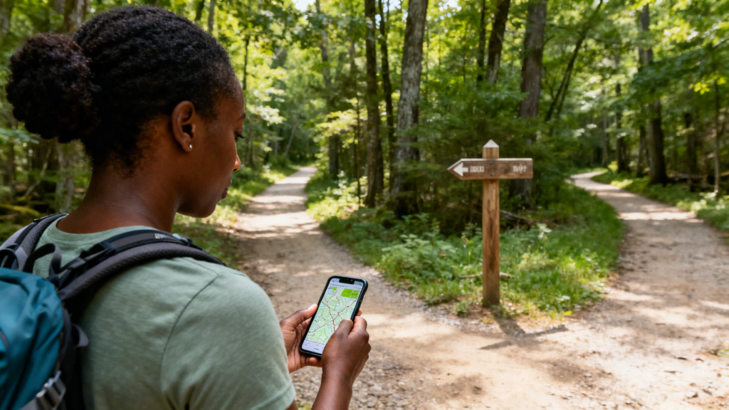 Intermediate hiker pausing at a forest trail junction while checking a smartphone trail map, with wooden trail signs and two diverging paths visible in a summer woodland setting.